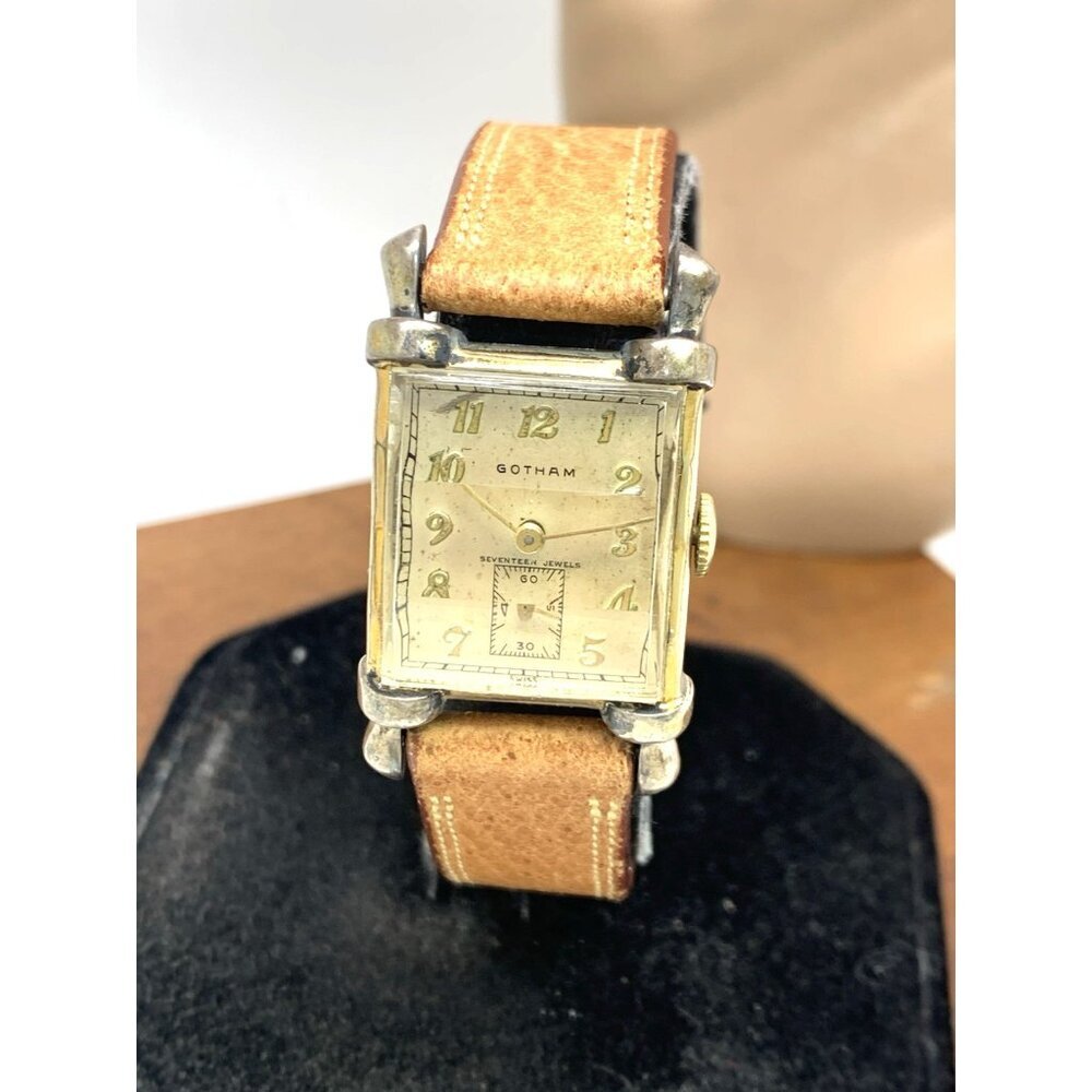 Gotham Suku Watch Swiss Mechanical Tank Vintage Gold Brown Leather Band 22mm